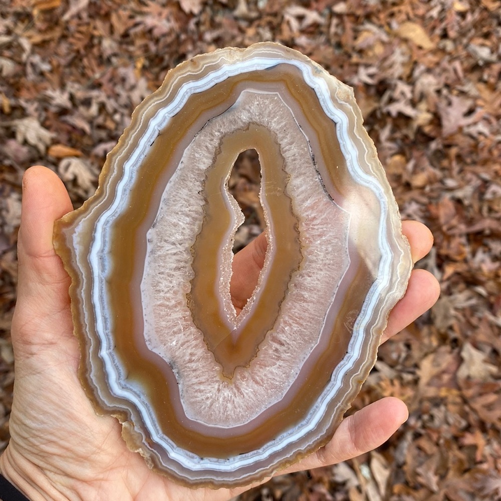 Large Natural Banded Agate Geode Slice | Stunning Druzy Crystal Center